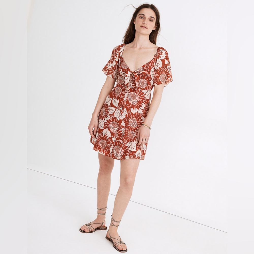 Madewell silk tie-front mini dress in Sunflower Season